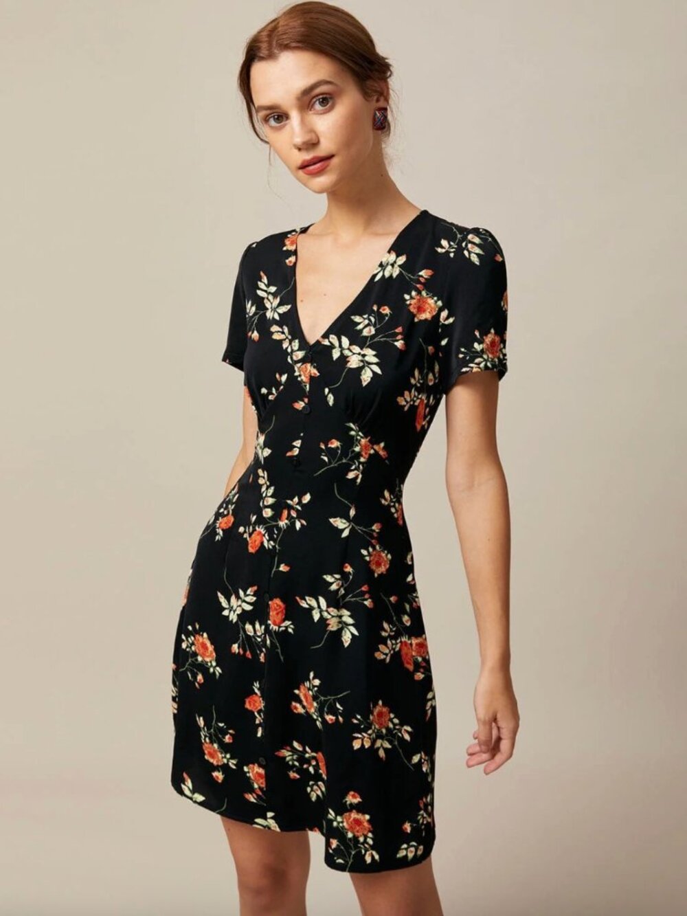 The Black V Neck Floral Button Up Mini Dress - Size L